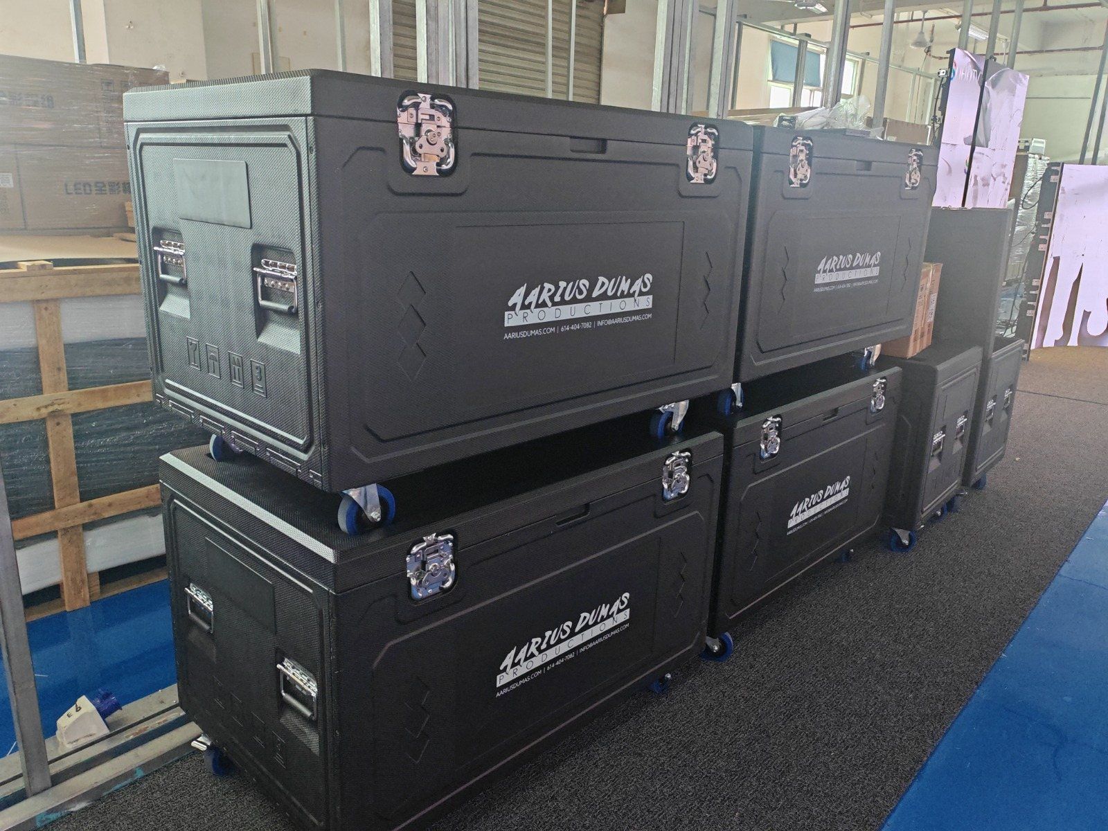 The LED wall panels in Aarius Dumas Productions road cases at load-in