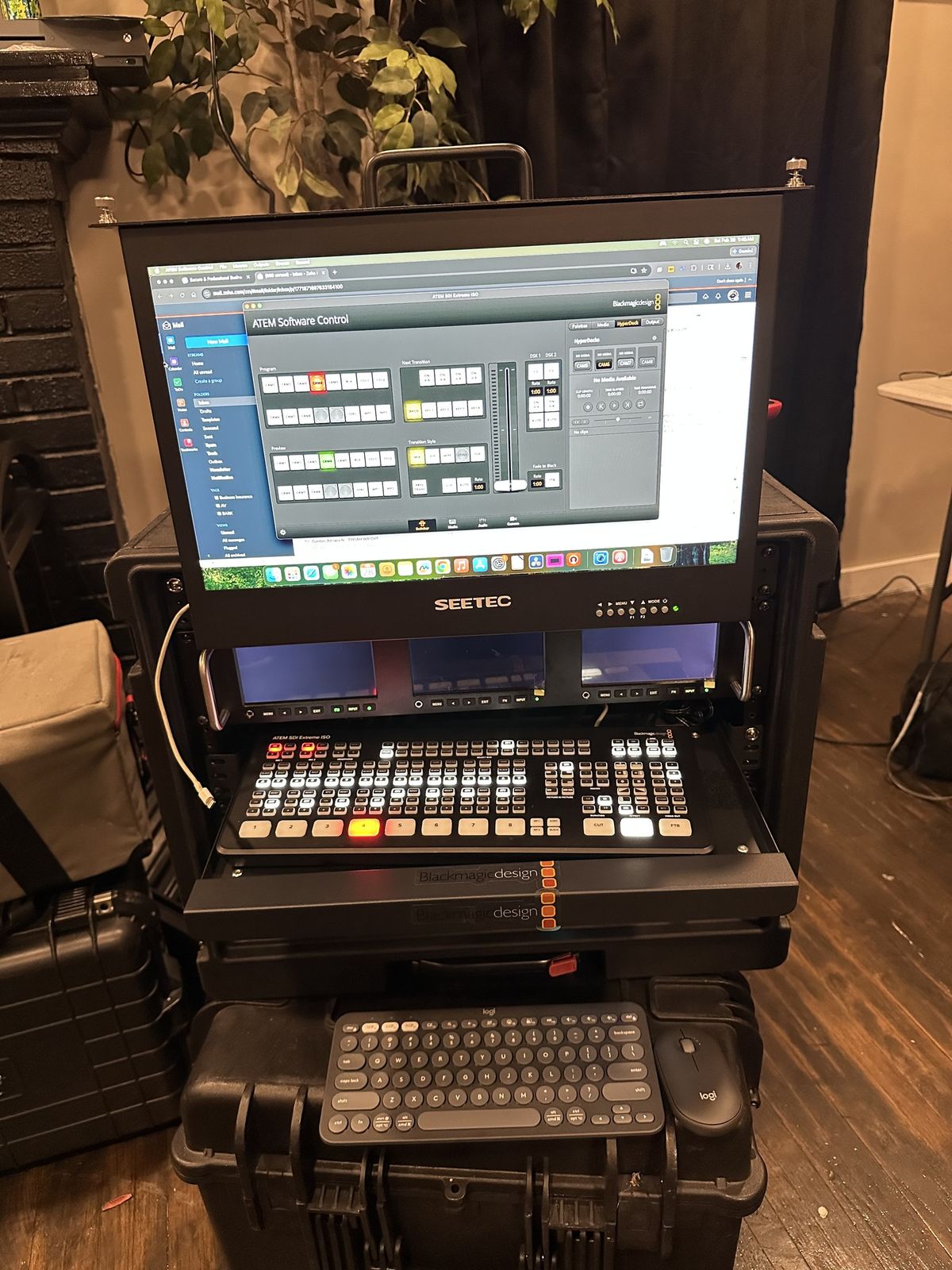 Portable switcher control surface and monitor in a travel case