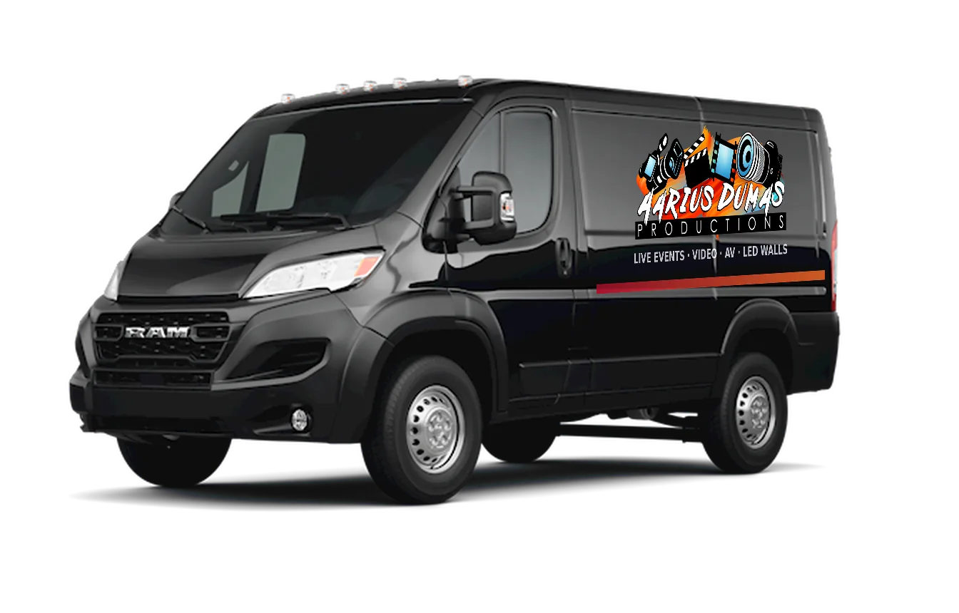 Aarius Dumas Productions branded production van, front three-quarter view