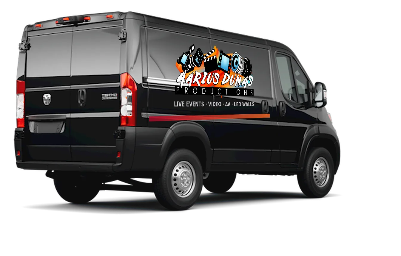 Aarius Dumas Productions branded production van, rear three-quarter view