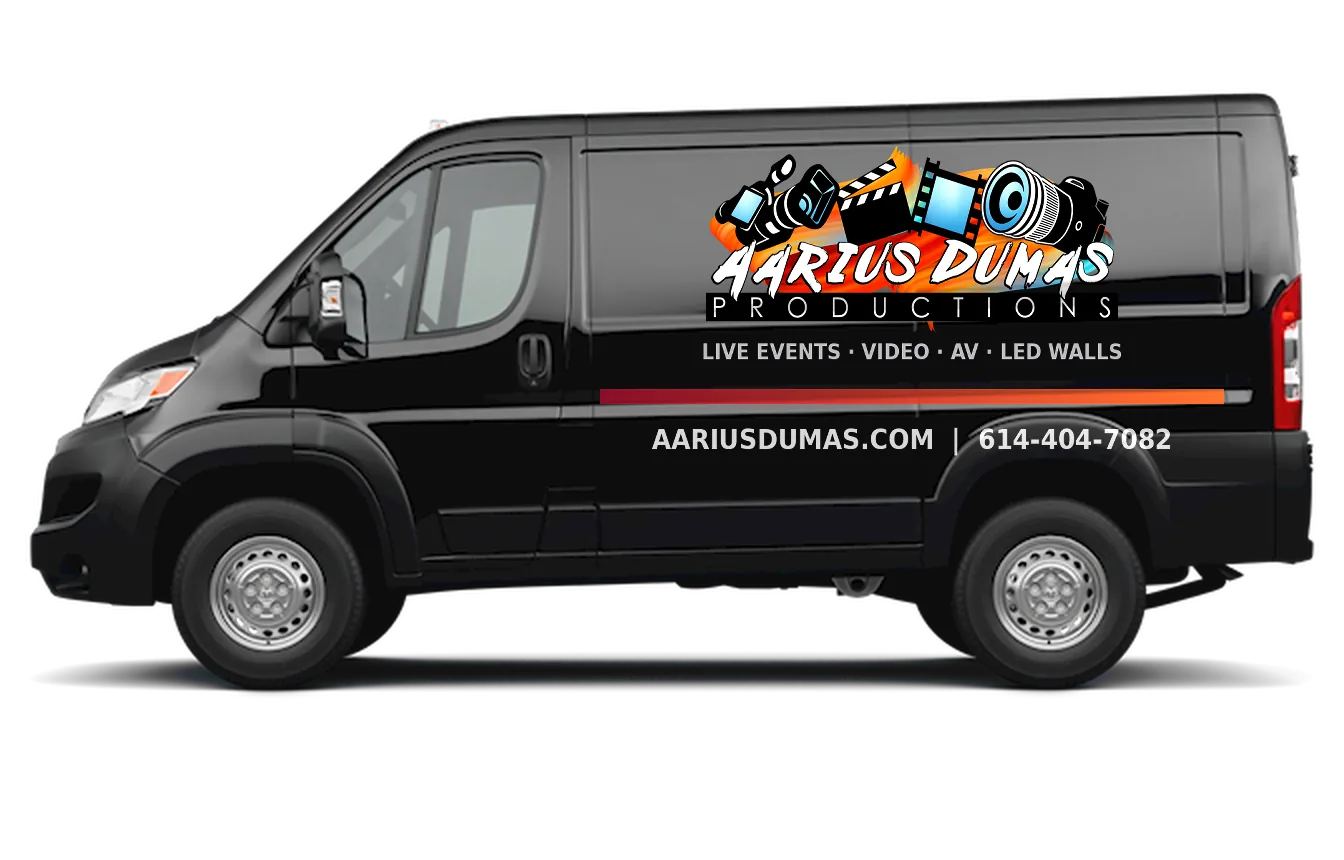 Aarius Dumas Productions branded production van, side view